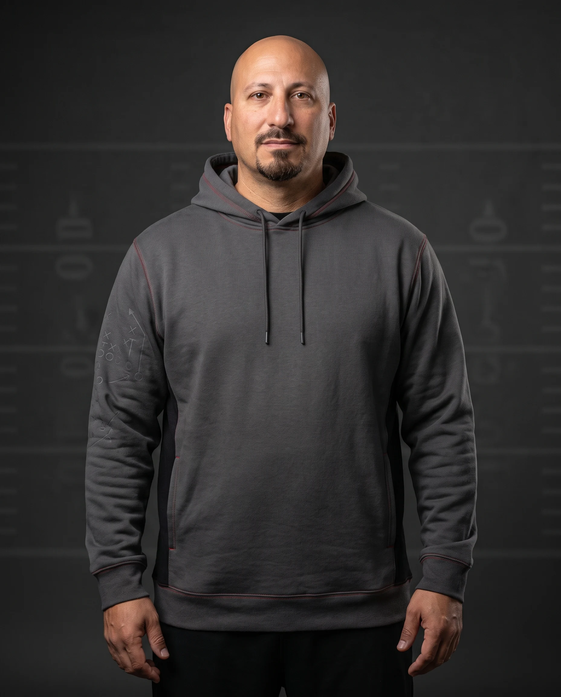 Hern modeling a graphite sideline hoodie concept against a dark studio background.