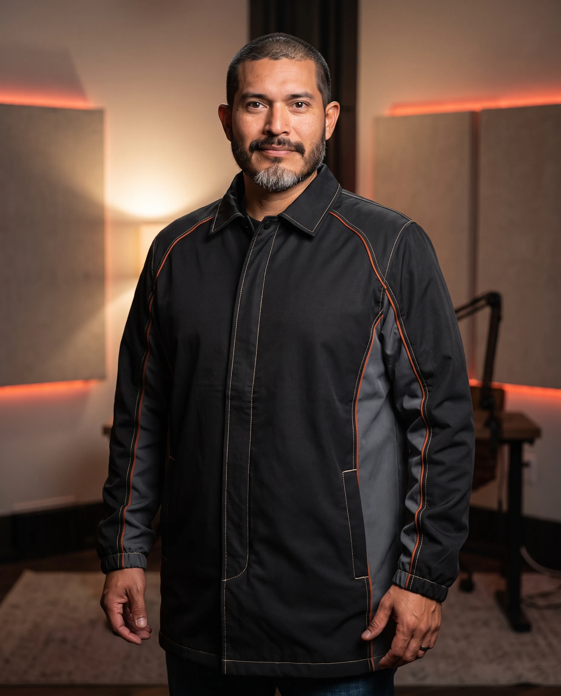 Chuck modeling a black sideline jacket concept with a restrained orange accent.