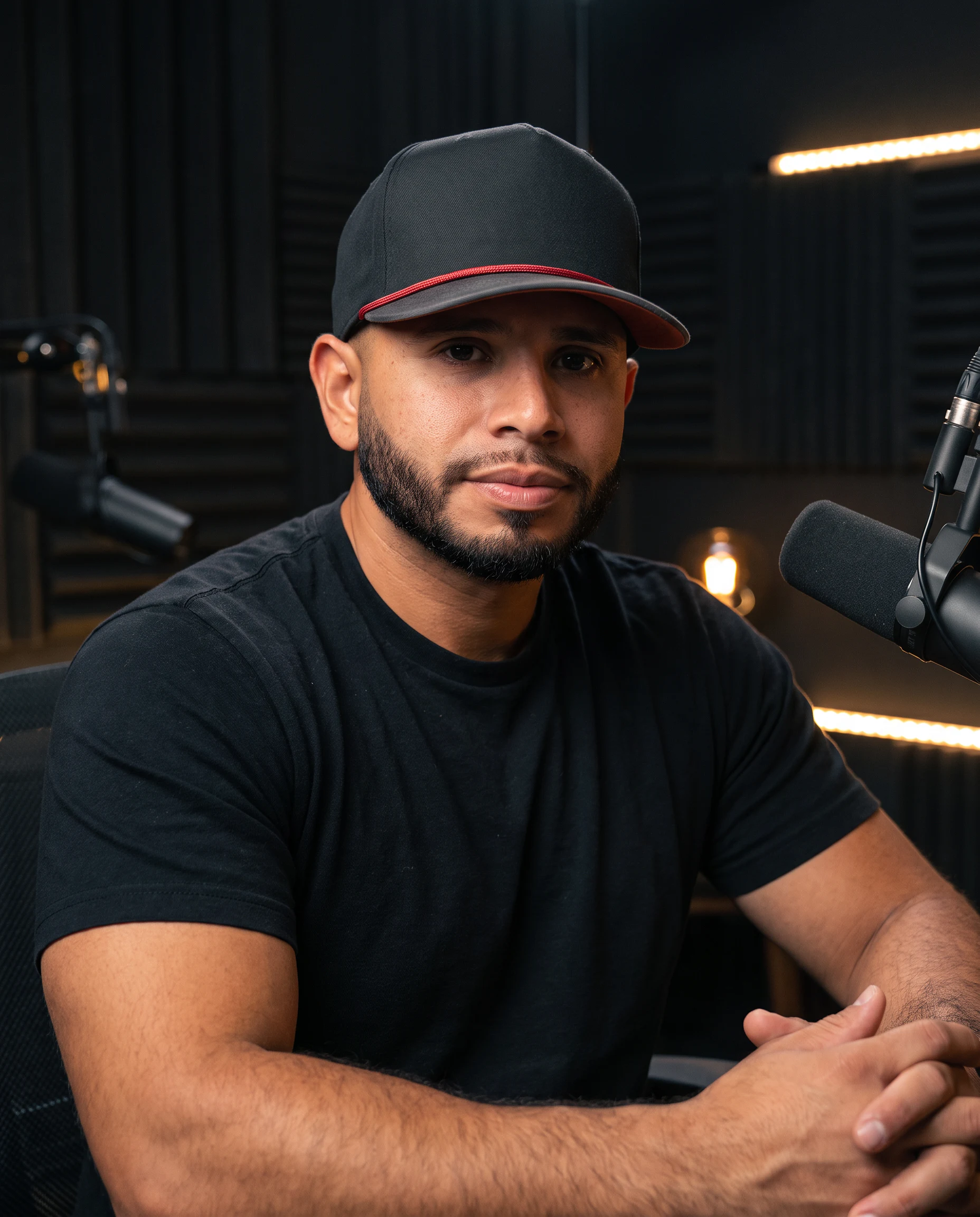 Jerry wearing a black snapback with a restrained red accent in a podcast studio.